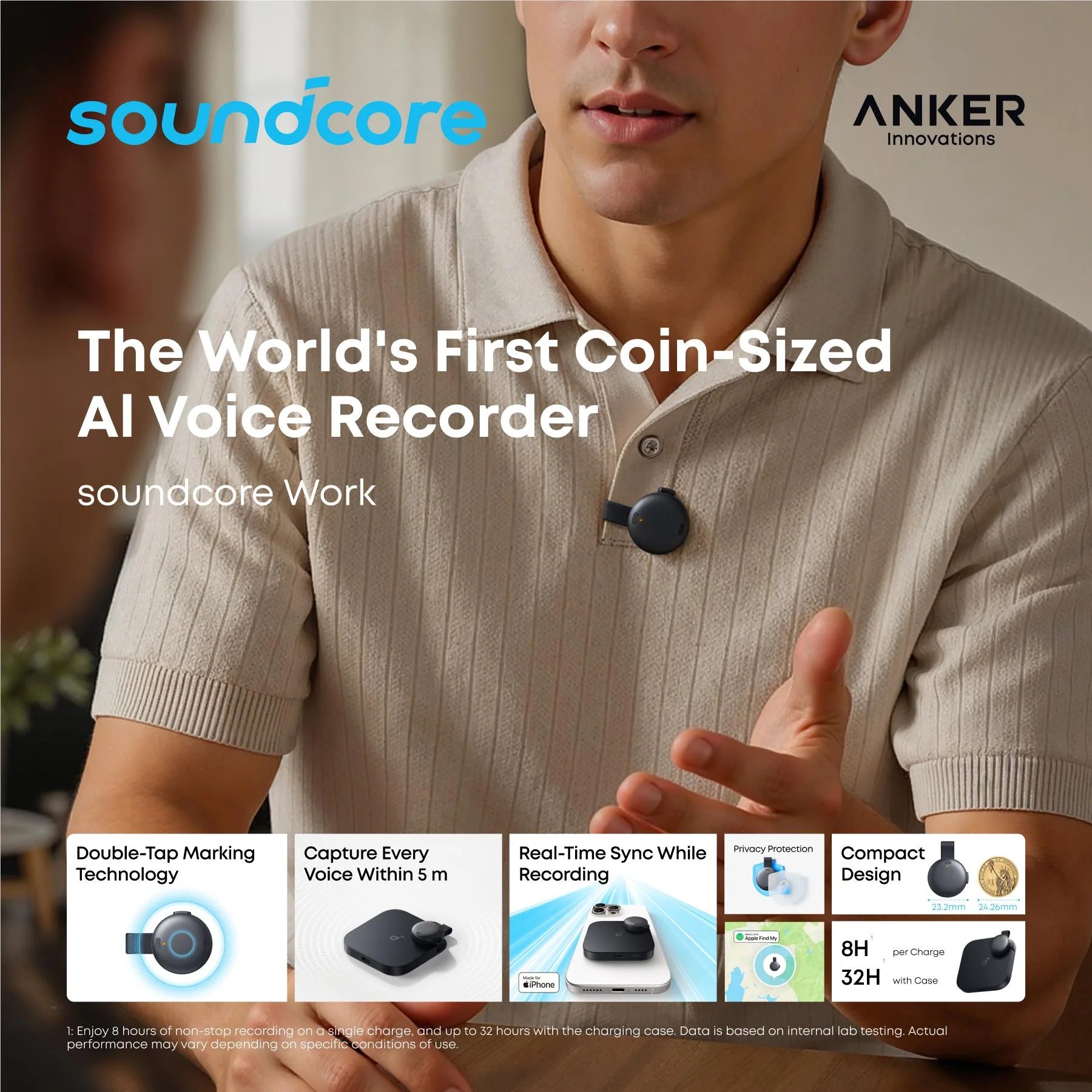 soundcore Work | AI Voice Recorder & Note Taker - Coin-sized AI Wearable